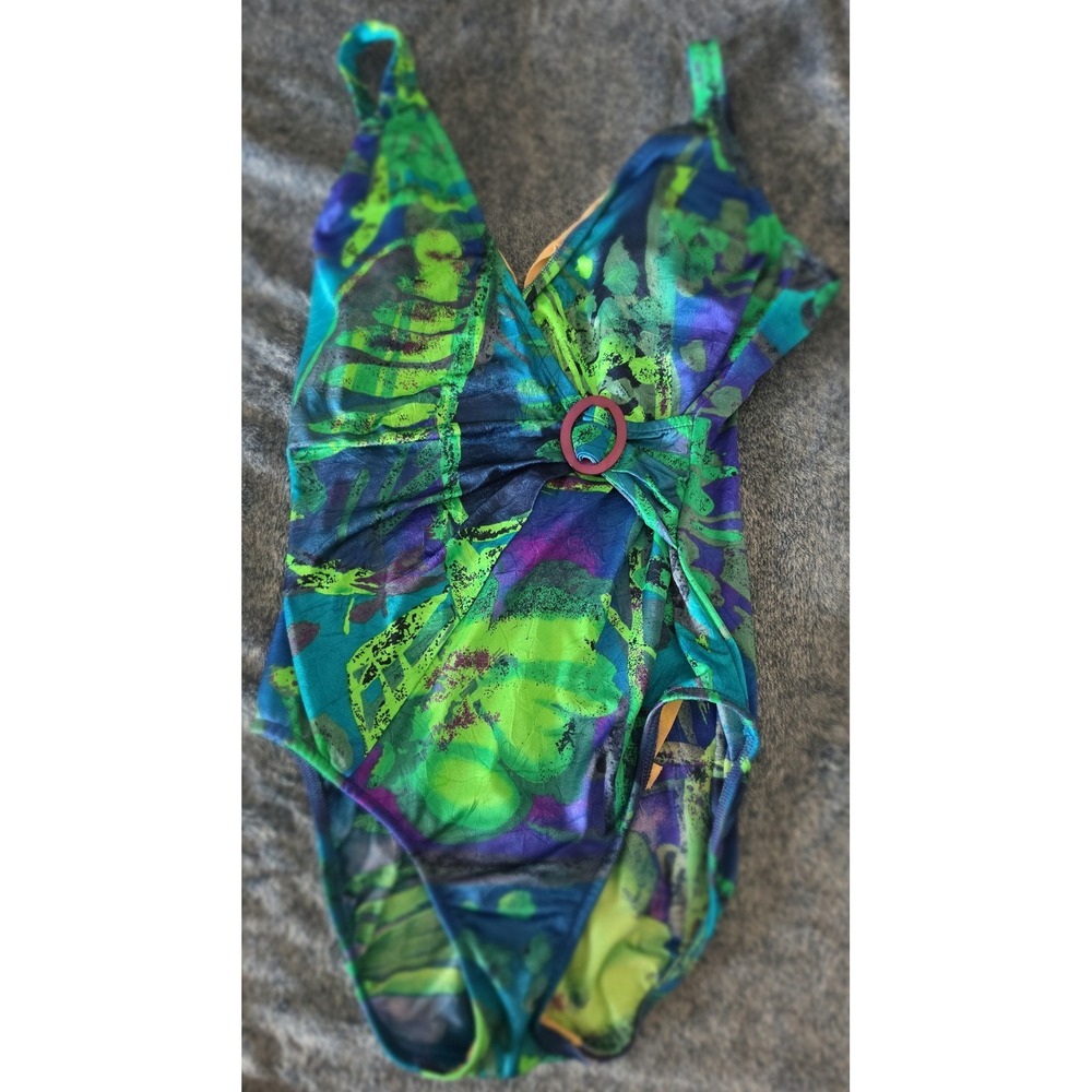 Vintage Longitude One Piece Swimsuit Size 10 Abstract‎ Green Blue Purple Nylon